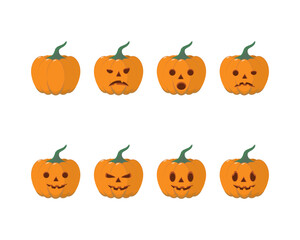 Set of cute cartoon pumpkins for your design in halloween celebration. Various shapes of orange pumpkin expressions.
Flat style vector illustration on white background.