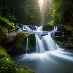 Sunlight hitting on waterfall in the forest | AI Generative