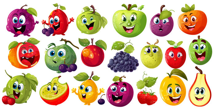 Funny cartoon smiley fruit vegetables food vector icon collection, apple watermelon grape banana strawberry