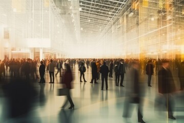 Blurred image of business people walking in modern office building. Abstract blurred background, ai generative