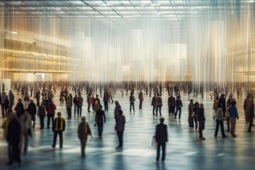 Blurred image of business people walking in modern office building. Abstract blurred background, ai generative