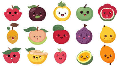 Set of colorful cartoon smiling fruit icons apple pear strawberry banana watermelon pineapple orange peach plum papaya lemon mango grape cherry kiwi vector illustration