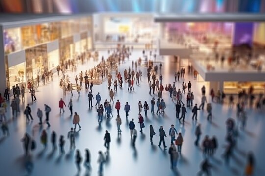 Blurred image of business people walking in modern office building. Abstract blurred background, ai generative