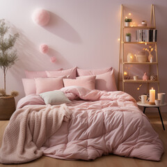 Soft pink background bedroom scene cozy romantic 
