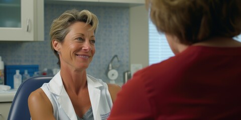 Obraz premium A woman sitting in a chair talking to a doctor. Generative AI.