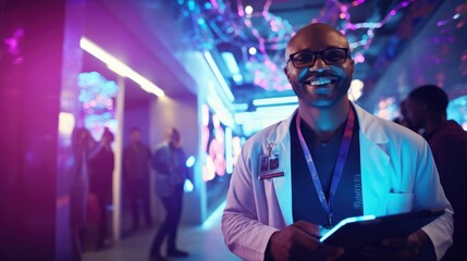 A man in a lab coat holding a tablet computer. Generative AI.