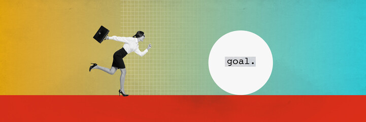 Creative retro 3d magazine collage image of purposeful businesslady running achieving goal isolated colorful background