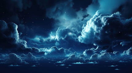 Black dark blue night sky with stars, White cumulus clouds. Generative Ai