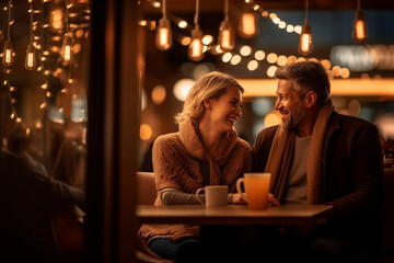 Happy couple in a cozy place smiling laughing, warm autumn winter mood