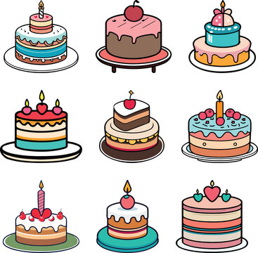 Set of Cartoon Style Birthday Cake Illustration, Flat Front Design Tart Icons Collection
