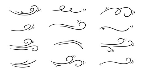 Doodle wind line sketch set. Hand drawn doodle wind motion, air blow, swirl elements. Sketch drawn air blow motion, smoke flow art, abstract line. Isolated vector illustration. - obrazy, fototapety, plakaty