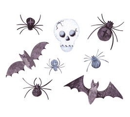 A collection of watercolor cliparts for Halloween decoration: spider, skull, bat, skeleton. Hand drawn illustration, not AI.