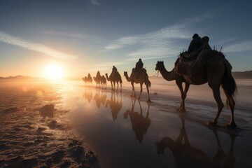 Caravan camels water sunrise. Generate Ai