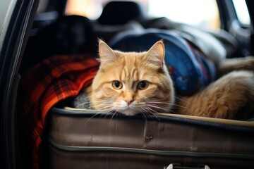 Cat sitting trunk car travel. Generate Ai