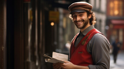 Postman with letters on urban background