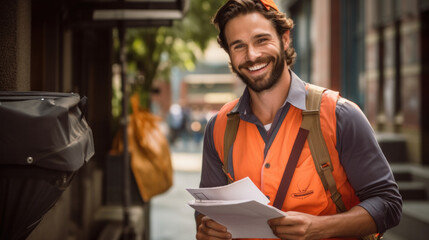 Postman with letters on urban background