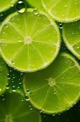 A close up of sliced limes on a colorful background. detail of lime