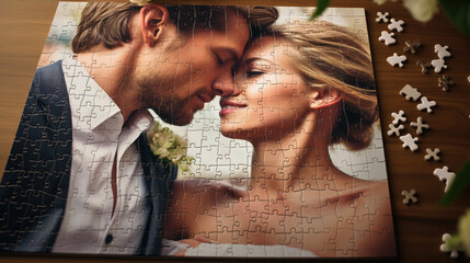 Romantic Couple's Puzzle: A close-up of a personalized jigsaw puzzle featuring a romantic photo of the couple. The image symbolizes the connection and compatibility shared between partners