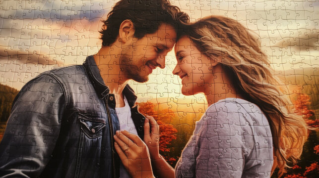 Romantic Couple's Puzzle: A close-up of a personalized jigsaw puzzle featuring a romantic photo of the couple. The image symbolizes the connection and compatibility shared between partners