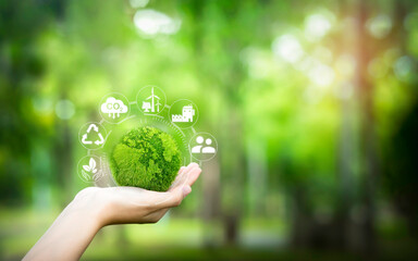 Environmental protection concept helping clean earth and protect energy with icons related to...