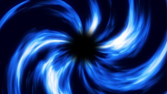 Animation of the absorption of matter by an abstract black hole. Rushing with a swirl to the center of the blue and white tongues of matter. Abstract tunnel. 3D render. 4k.
