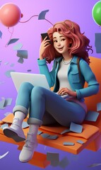 3d illustration cartoon young casual woman floating and using computer laptop for working from home or online education learning. Created with generative AI. 