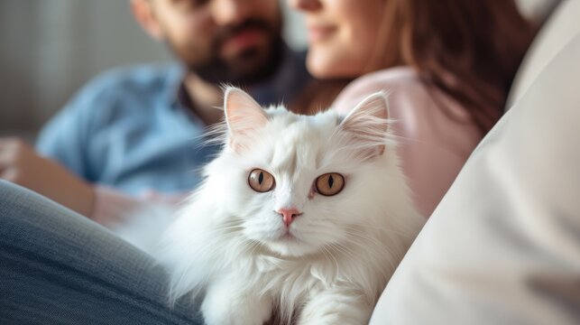 A white cat sitting on top of a person"s lap. Generative AI.