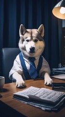 A dog wearing a tie sitting at a desk. Businessman. Generative AI.