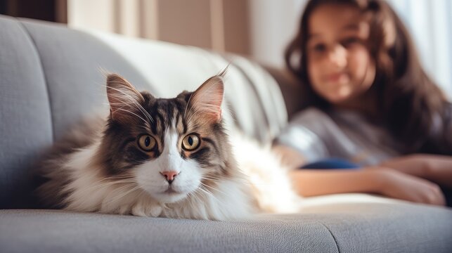 A cat laying on a couch next to a girl. Generative AI.