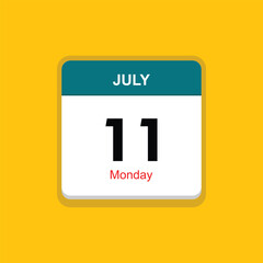 monday 11 july icon with yellow background, calender icon