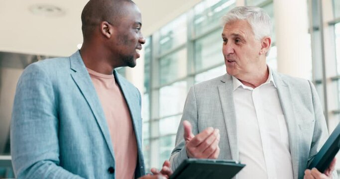 Tablet, walking business people or manager happy for sales data, partnership or research information. CEO, leader or team consulting on target audience review, feedback or customer experience success