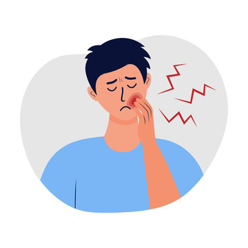 Man holding his cheek and suffering from toothache. Concept of caries, severe pain in the teeth, oral treatment, dental problem.