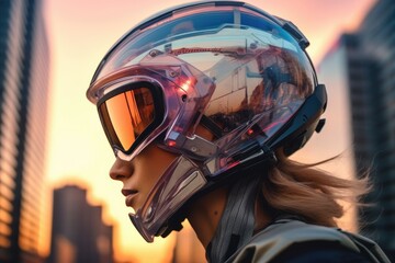 A cyberpunk woman wearing a motorcycle helmet with a mirrored visor that reflects the amazing sunset and the stunning skyscrapers. Generative AI