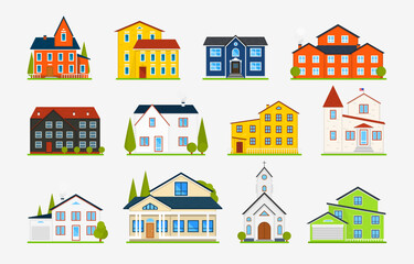 House or apartments. Family american townhouse. Neighborhood with cozy homes. Traditional Modern cottage for infographics or application interface. Building vector illustration. Flat style