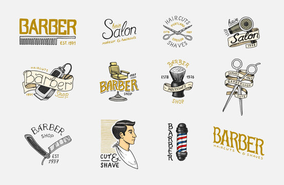 Barber shop badge and label, logo and hipster emblems. Tools for man icon. Haircut of beard and mustache. Brush and razor for shaving. Engraved hand drawn in old vintage sketch.