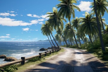 Plakat Coastal road palm tree vacation. Generate Ai