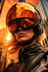 A cyberpunk woman wearing a motorcycle helmet with a mirrored visor that reflects the amazing sunset and the stunning skyscrapers. Generative AI