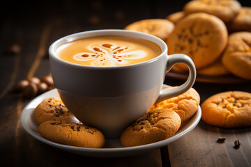 Morning joy in a cup, Bright orange coffee with smiling cookies on a wooden table, up close Generative AI