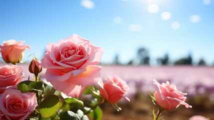 pink roses bloom in a picturesque field, in the style of landscapes