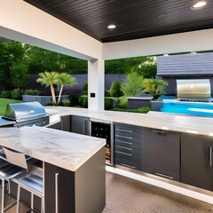 A contemporary outdoor kitchen with a sleek granite countertop, built-in grill, and modern bar stools5 - obrazy, fototapety, plakaty