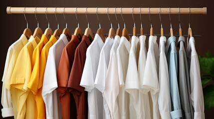 a wooden hanger displays a collection of shirts in diverse colors