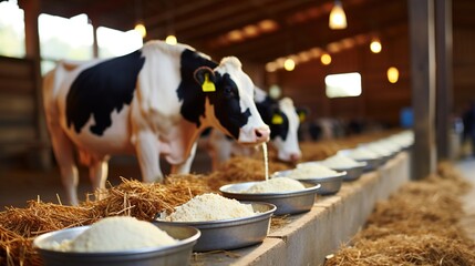 The cows in a barn filled with straw are captured using focus stacking