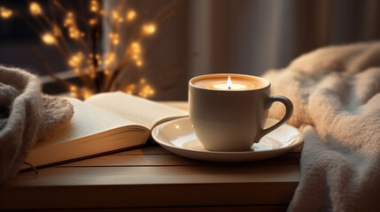 Delicious fresh festive morning cappuccino coffee in a ceramic blue cup on the warm cover with...