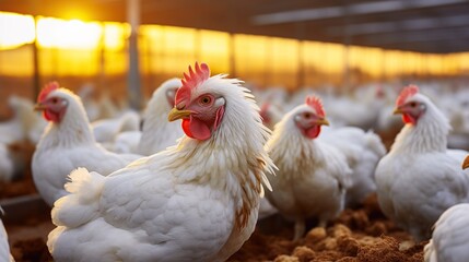 White chickens are raised in a smart farming business, where they are automatically fed against a yellow light background