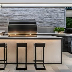 A contemporary outdoor kitchen with a sleek granite countertop, built-in grill, and modern bar stools2