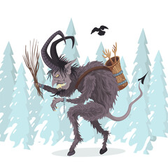 Krampus is a yule lord, a Christmas devil, krampus with horns and a long tongue in winter forest. Mythological character in folklore is the antipode of Santa.Krampus take childrens in basket