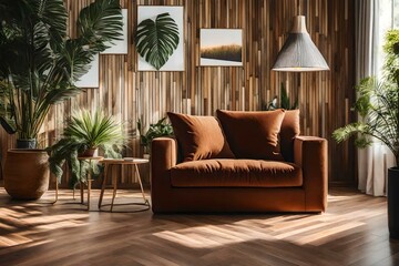 Fototapeta na wymiar comfortable armchair with brown cushions placed on parquet floor near potted exotic plant