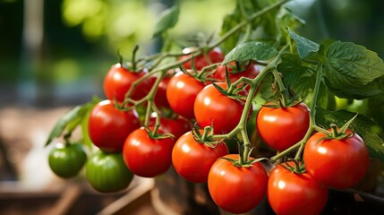 In a greenhouse, beautiful red ripe heirloom tomatoes are grown