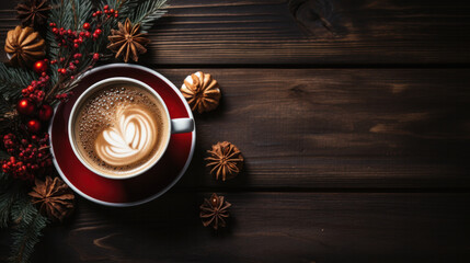 Delicious fresh festive morning cappuccino coffee in a ceramic blue cup on the warm cover with little wrapped gifts, red ornamentals, fireflies and spruce branches