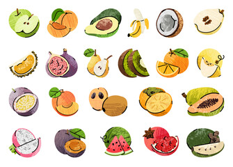fruits, icons set, many different fruit illustrations, simple illustration in abstract flat outline drawing style, healthy food